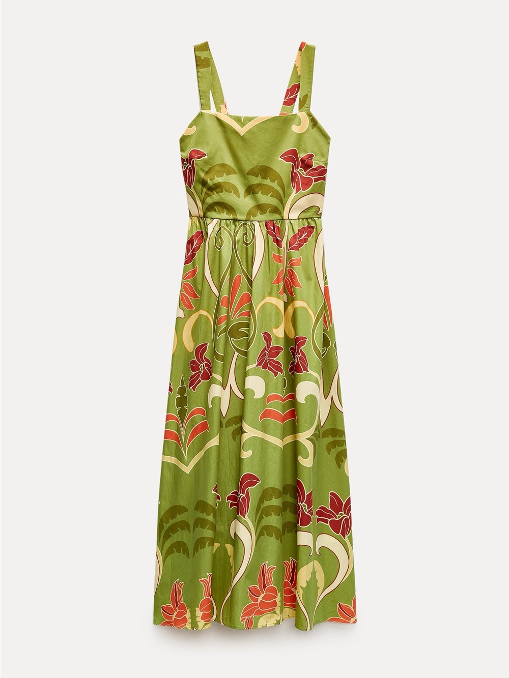 Zara Olive Green Floral Midi Dress with Red & Cream Accents - Picture 9 of 14